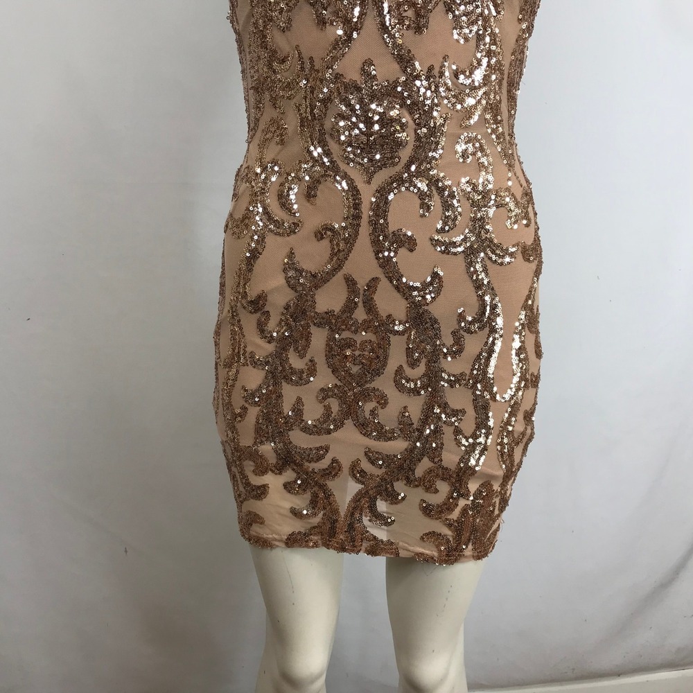WINDSOR Women Medium Gold Sequin Strapless Bodycon Mini Dress Party Evening Glam - Picture 3 of 7